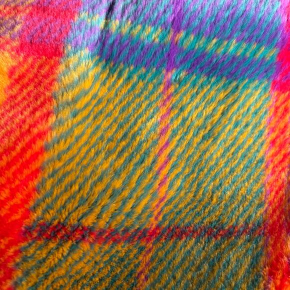 Vintage Donnybrook Rainbow Plaid Faux Fur Coat Colorful Oversized Jacket Large - Picture 11 of 14